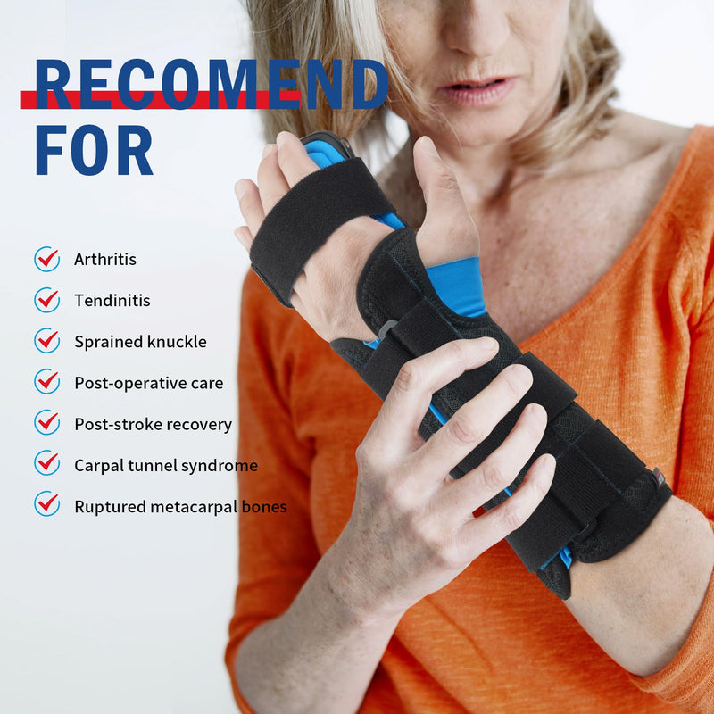 FEATOL Resting Hand Splint Stroke Night Immobilizer with Removable Splints- Pain Relief For Carpel Tunnel, Stroke Recovery, Arthritis, Tendinitis-Functional Support Wrist Finger Brace-Right Medium-For Men and Women Right Hand Black & Blue
