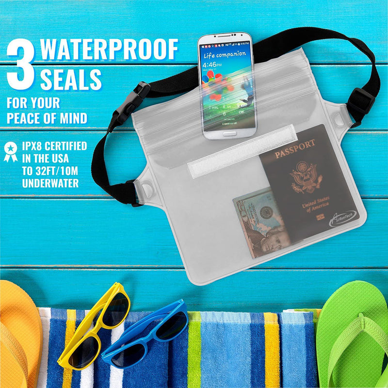 AiRunTech Waterproof Pouch with Waist Strap (2 Pack) | Beach Accessories Best Way to Keep Your Phone and Valuables Safe and Dry | Perfect for Boating Swimming Snorkeling Kayaking Beach Pool Water Park Clear + Clear