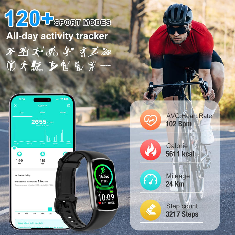 Fitness Tracker, Activity Tracker with 24/7 Heart Rate Blood Oxygen Sleep Monitor, 123 Sports Modes Step Counter, 1.47'' HD Screen Fitness Watch, Smart Watches Pedometer for Women Men Android/iOS black