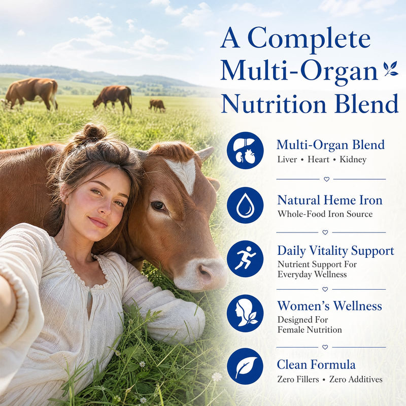 Beef Organ Supplements for Women, Grass-Fed Pasture-Raised, 120 Capsules | With liver, kidney, heart and uterine tissue plus iron and vitamin nutrients for daily wellness support