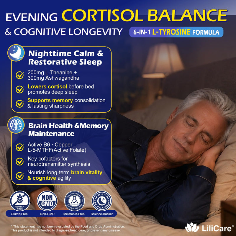 L Tyrosine Gummies 1200MG, Cortisol Reducer Supplements for Women Men 120Ct | L-Tyrosine Calm & Focus Gummies w/ L-Theanine, Ashwagandha, Vitamin B6 & B9 for Relaxation, Mood, Memory, Energy - Vegan