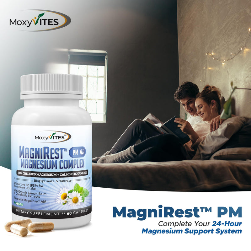 MoxyVites MagniRest PM Magnesium Complex for Women & Men - Magnesium Bisglycinate, Taurate, Active B6, & Calming Organic Botanicals - Chelated High Absorption - Nighttime Magnesium, 60 Vegan Capsules