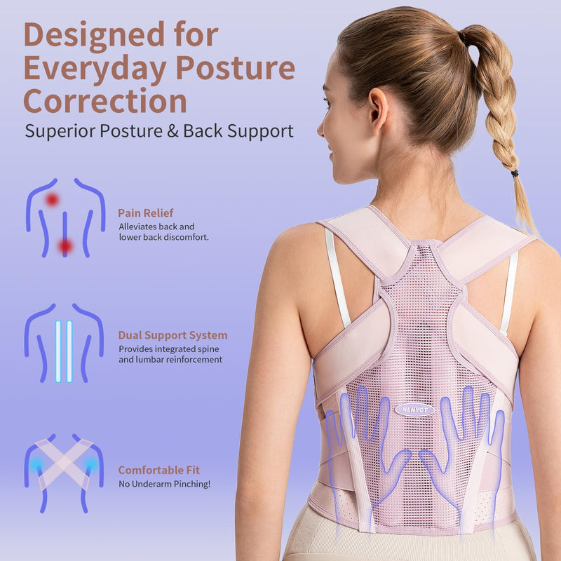 NLNYCT Posture Corrector for Women – 2-in-1 Back Brace with Shoulder Support, Adjustable Full Back Straightener for Upper & Lower Back Pain Relief, Hunchback, Scoliosis & Spine Alignment (M/L) M/L