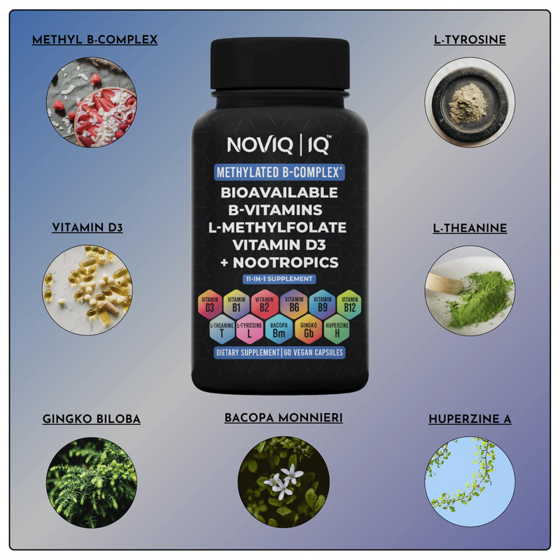 11-in-1 Methylated B-Complex Supplement: 680mcg L-Methylfolate(5-MTHF) Thiamine(B1) Riboflavin(B2) Pyridoxal(B6) Methylcobalamin(B12) - Vitamin D3 + Nootropics - 1,100mg+ Serving - 60 Count
