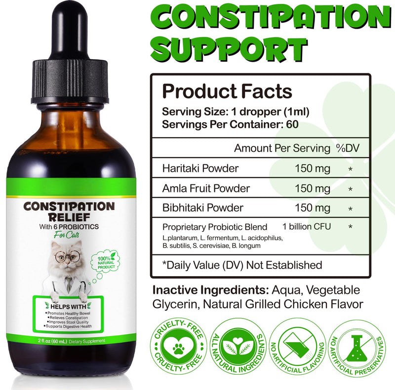Cat Natural Digestive Support Drops -100% Natural Formula, Relieve Constipation, Promote Regular Defecation, Improve Stool Quality, 2 Fluid Ounces (60ml) Cat Liquid Dietary Supplement
