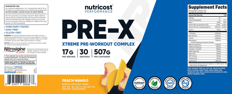 Nutricost Pre-X Extreme Pre-Workout Powder Complex (Peach Mango) 30 Serv | Vegetarian, GMO-Free and Gluten-Free Peach Mango 18.1 Ounce (Pack of 1)