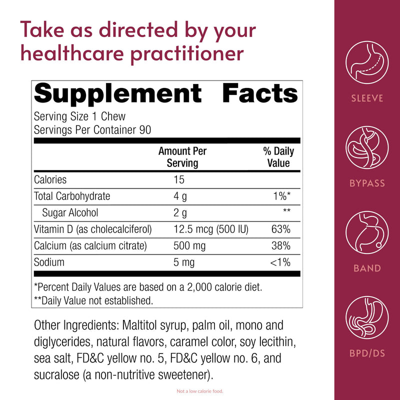 Bariatric Advantage Calcium Citrate Chewy Bites, Caramel Flavor, 90 Ct | 500 mg Calcium Citrate, Highly Absorbable and Digestible, with Vitamin D3, Easily Chewable Calcium Supplement