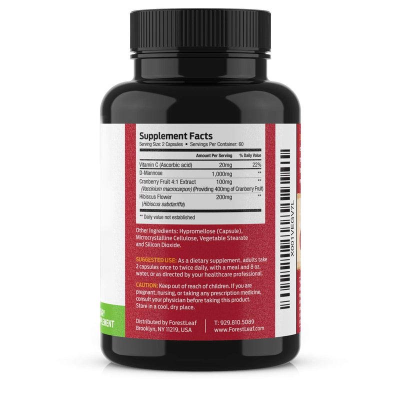 ForestLeaf D Mannose Supplements for Women & Men - D-Mannose 1000mg Capsules with Cranberry, Hibiscus & VIT C - DMannose Pills for UTI, Urinary Tract & Bladder Support - 120 Caps 120 Count (Pack of 1) - BeesActive Australia