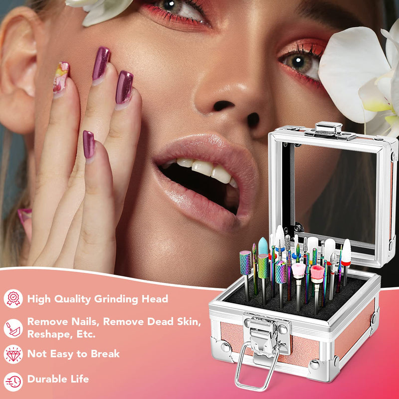 Onism 25Pcs Nail Drill Bits Set with 75Pcs Sanding Bands (80#/120#/180#), High-Precision Tungsten Carbide & Ceramic Efile Bits for Acrylic Gel Removal, Cuticle Care Kit with Organizer Box,Pink Pink - BeesActive Australia