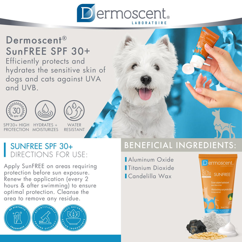 Dermoscent SunFREE SPF30+ Cat & Dog Sunscreen - Safe & Natural Mineral Sunscreen Moisturizing Sun Protection - 30 Ml / 1 Fl. Oz.