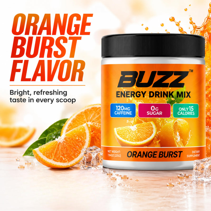 Sugar Free Energy Drink Powder, 18 Vitamins & Minerals, Orange Burst Flavor | Energy Drink Mix with amino acids for Pre Workout energy & focus, no jitters, no artificial dye, gluten-free, made in USA