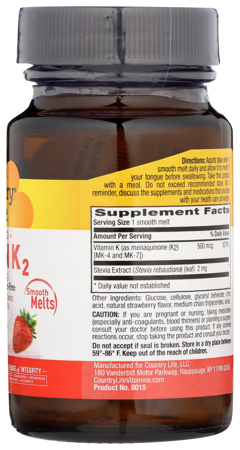 Country Life Vegan K2 Melts 500 MCG, 60 CT