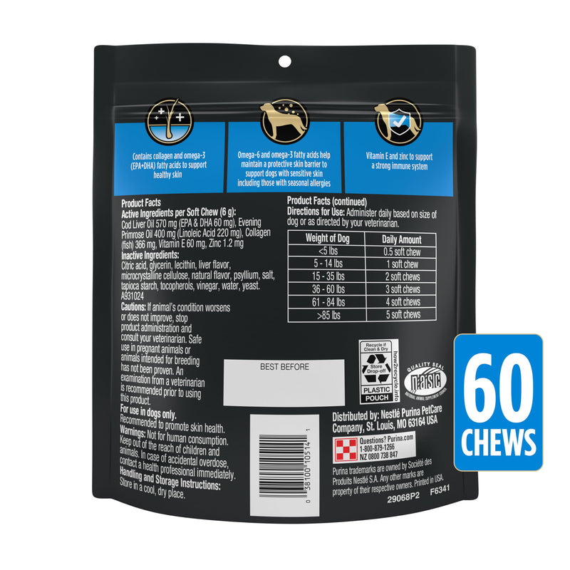Purina Pro Plan Veterinary Skin Care Soft Chew Dog Supplements with Omega-3 Fish Oil, EPA, DHA to Support Seasonal Allergies & Strong Immune System - (Pack of 1) 60 ct. Pouches 60 Chews (1 Pack)
