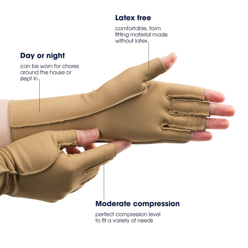 isotoner Women & Men Arthritis Compression Rheumatoid Pain Relief Gloves for joint support with Open/Full finger design Camel X-Small Fingerless