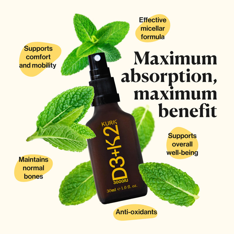 Kurk Vegan Vitamin D3 K2 Spray for Everyday Wellness (1 Fl Oz) | Delivers K2 MK-7 Vitamin Supplement and 3000IU D3 for Adults, Plant Based with Natural Ingredients, Refreshing Mint Taste