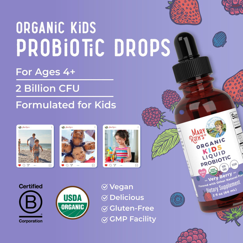 MARYRUTH'S Organic Kids Liquid Probiotic, Very Berry Flavor, 2 Fl Oz | USDA Organic, Kids Liquid Probiotic