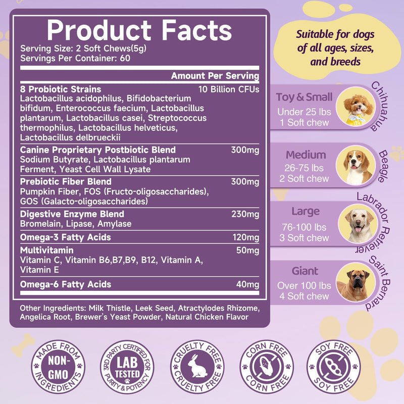Probiotics for Dogs with Feeding Tweezers, 10 Billion CFUs Chews for Gut & Digestive Health, Itchy Skin & Ears, Diarrhea Relief & Immune Support with 8 Probiotic, Prebiotics, Chicken, 120 Ct/300g