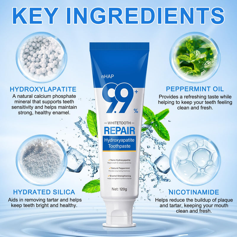 9.9% Nano Hydroxyapatite Toothpaste - 2 Pack, Protects Enamel and Strengthens Teeth, Cleans and Cares for Oral Health, Freshens Breath, Non-Irritating, Natural and Safe, 8.46 Oz 4.23 Fl Oz (Pack of 2)