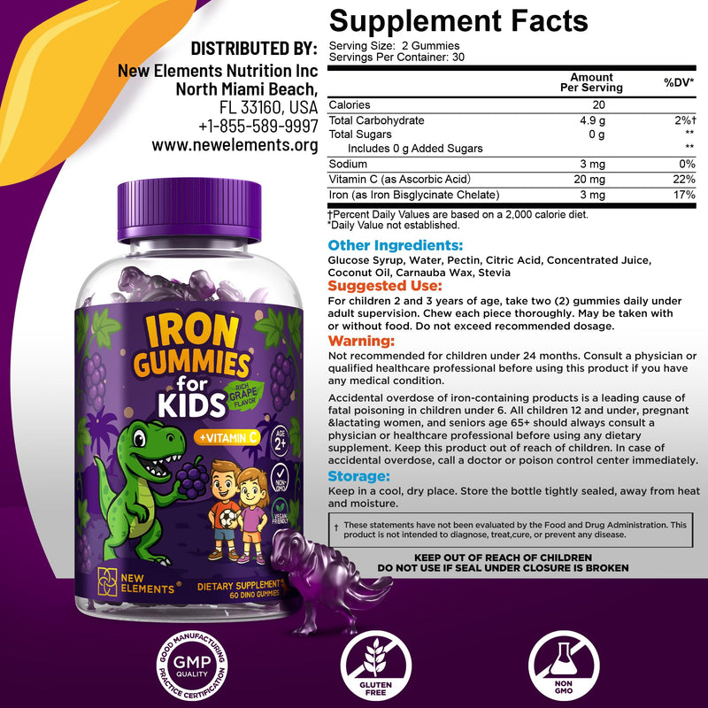 Iron Dinosaur Gummies for Kids with Vitamin C | Sugar-Free, Vegan, Gluten-Free & Non-GMO | Anemia Relief, Energy & Blood Health Support | Grape Flavor, Pectin-Based for Optimal Health (Pack of 2) 60 Count (Pack of 2)