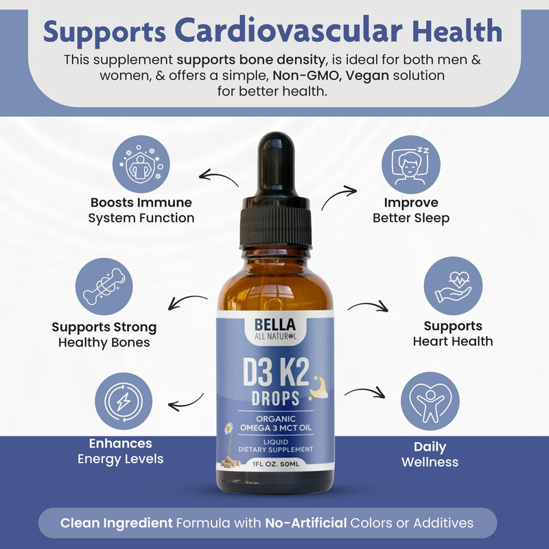 Bella All Natural Vitamin D3 K2 Drops Organic Omega 3 MCT Oil - Evening