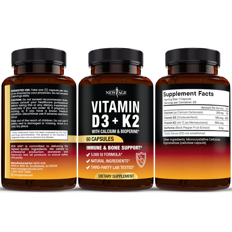 NEW AGE Vitamin D3 5,000 IU + K2 MK-7 100 mcg - 2-in-1 Bone, Immune & Heart Support, Easy to Swallow, Non-GMO - 180 Capsules 60 Count (Pack of 3)
