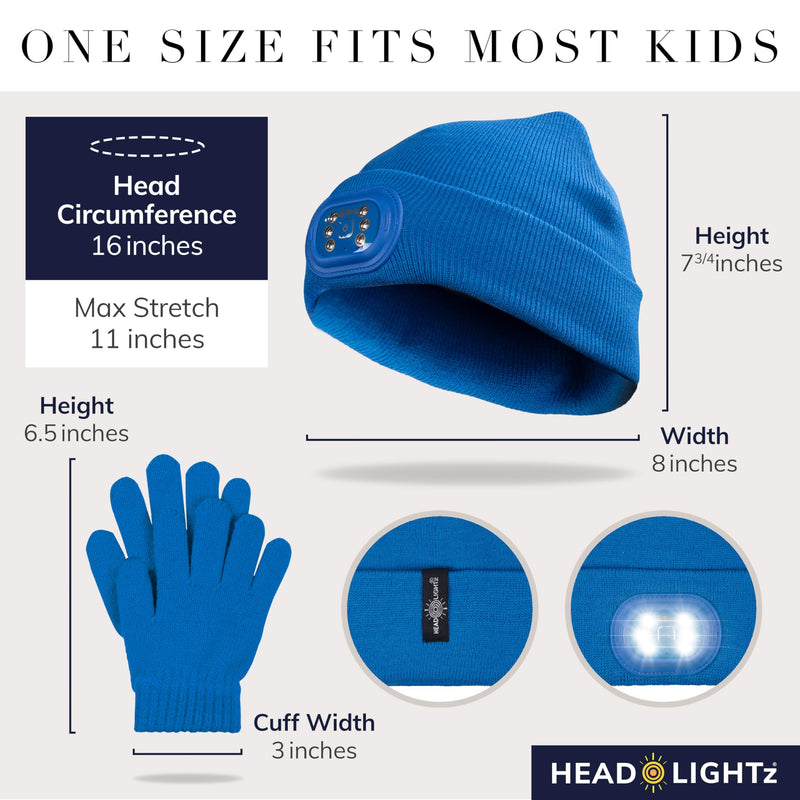 HEAD LIGHTZ by Roq Innovation - Kids Beanie with Light & Glove Set - Unisex LED Beanie Hat with Light Built in, Rechargeable Blue Hat/Glove Set