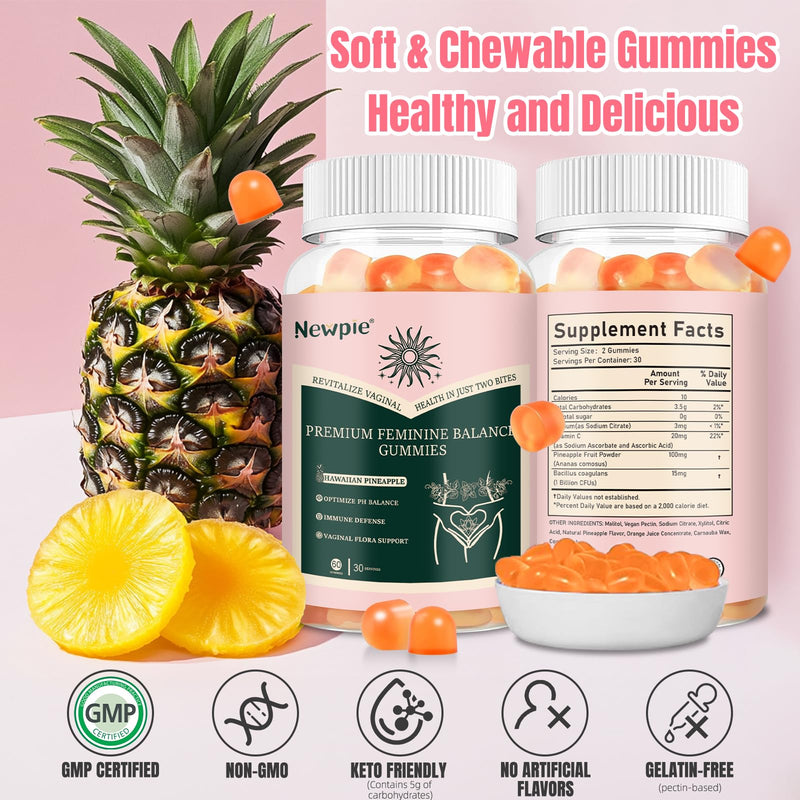 Premium Feminine Balance Gummies for Women Pineapple Gummies for Women ph Health Immune Support Vegan, Gluten-Free & Halal-60 Gummies-30 Servings (1) 1