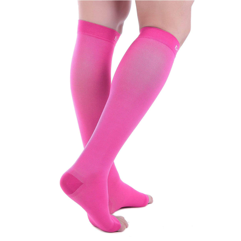Doc Miller Open Toe Compression Socks, 20-30 mmHg, Toeless Compression Sleeves for Legs, Knee High Stockings for Shin Splints, Varicose Veins, Travel, Calf Support & Muscle Recovery, Men & Women, Pair Medium Pink - BeesActive Australia