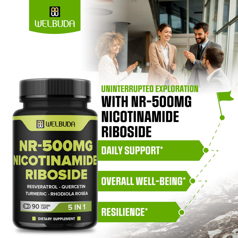 WELBUDA 5in1+ Nicotinamide Riboside Supplement with Resveratrol, Quercetin, Turmeric, Rhodiola Rosea - 90 Count for 90 Days
