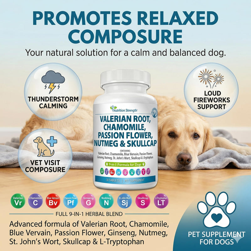 9-in-1 Valerian Root for Dogs 200mg, Chamomile 160mg, Blue Vervain, Passion Flower, Ginseng, Nutmeg, St John's Wort, L-Tryptophan for Dog Stress Relief & Calming, 120 Tablets