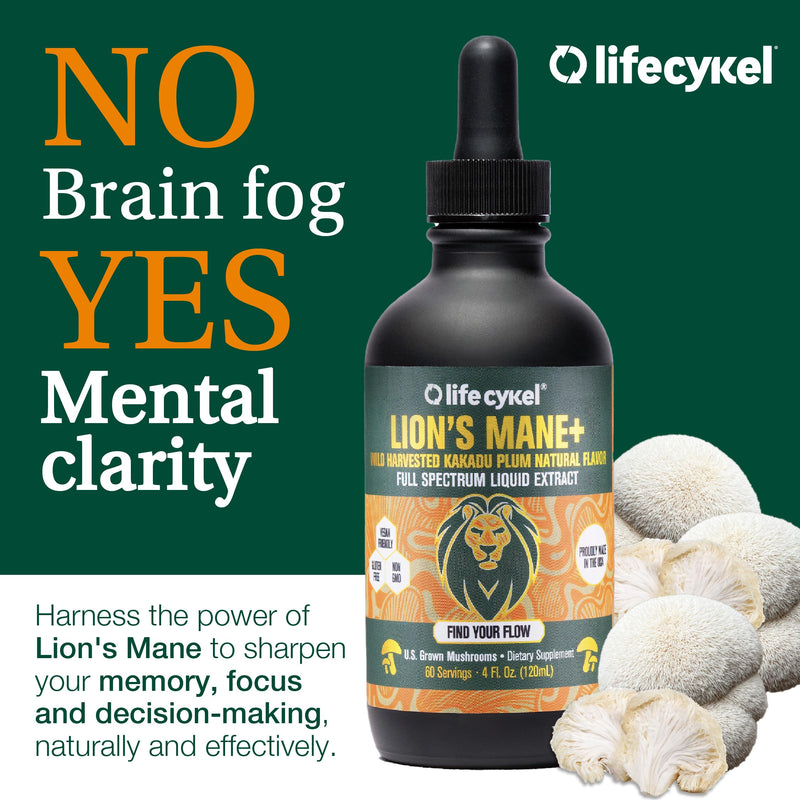 Life Cykel - Lion's Mane Mushroom Extract with Kakadu Plum - Brain Booster Nootropic for Memory, Focus & REM Sleep - Non-GMO, Organic Mushroom Tincture - 4 Fl Oz (60 Servings) 4 Fl Oz (Pack of 1)