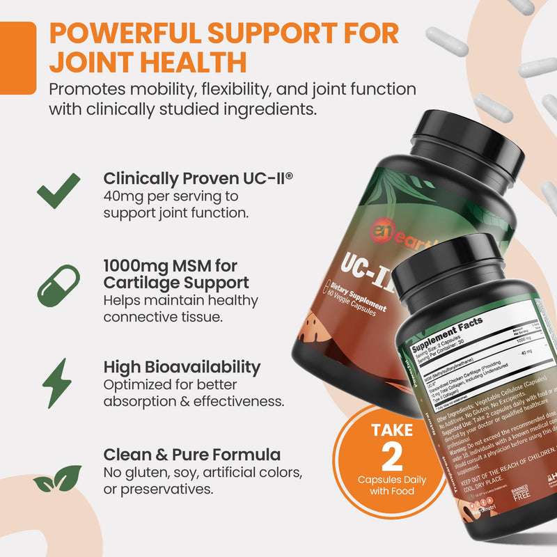 EarthNutri UC-II Collagen & MSM Supplement for Bone Health and Joint Flexibility Joint Supplement - 40mg UC-II Providing 10mg Total Collagen & 1000mg MSM - 60 Capsules (2 Caps Daily)