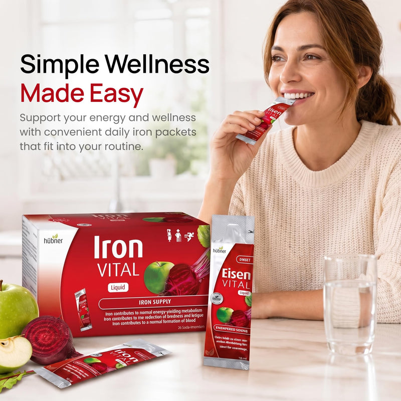 hübner Iron Vital Liquid Iron Supply Plus Vitamin C, Dietary Supplement for Adults and Kids, Vegan and Gluten-Free, Fruit Flavor, Box of 20 Packets, 10 ml Each