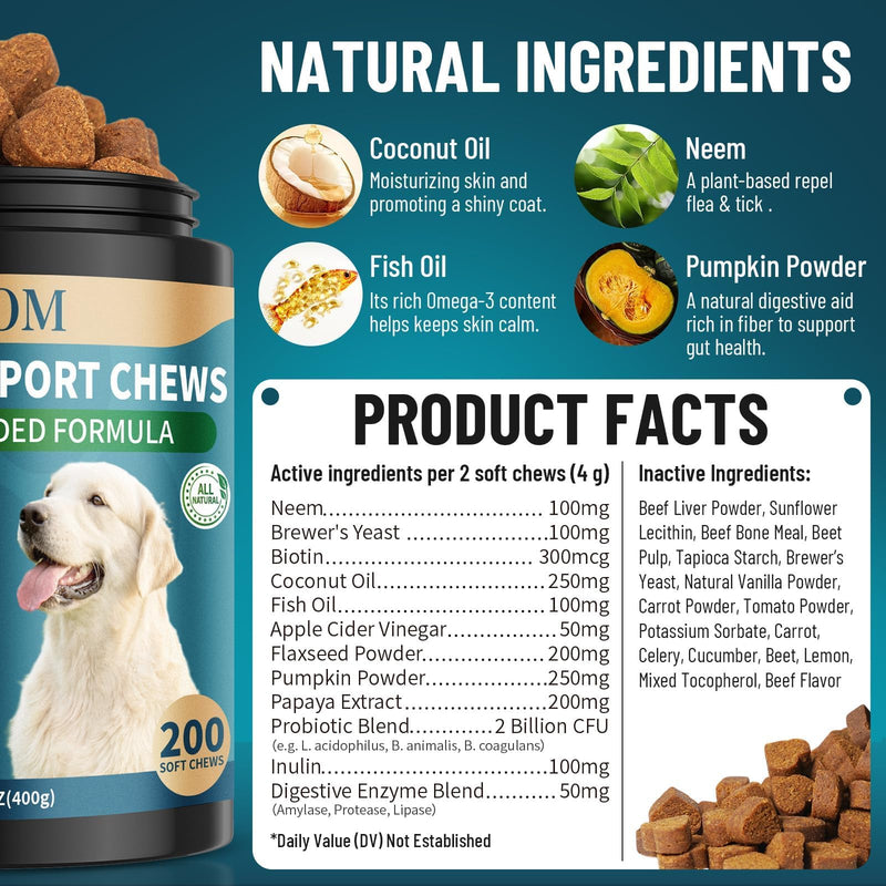 Flea and Tick Prevention for Dogs & Cats Chewable, 400 Treats (200 Dog + 200 Cat) – Natural Oral Flea Treatment for Dogs & Cats with Skin & Digestive Support, Beef & Salmon Flavor, All Breeds & Ages