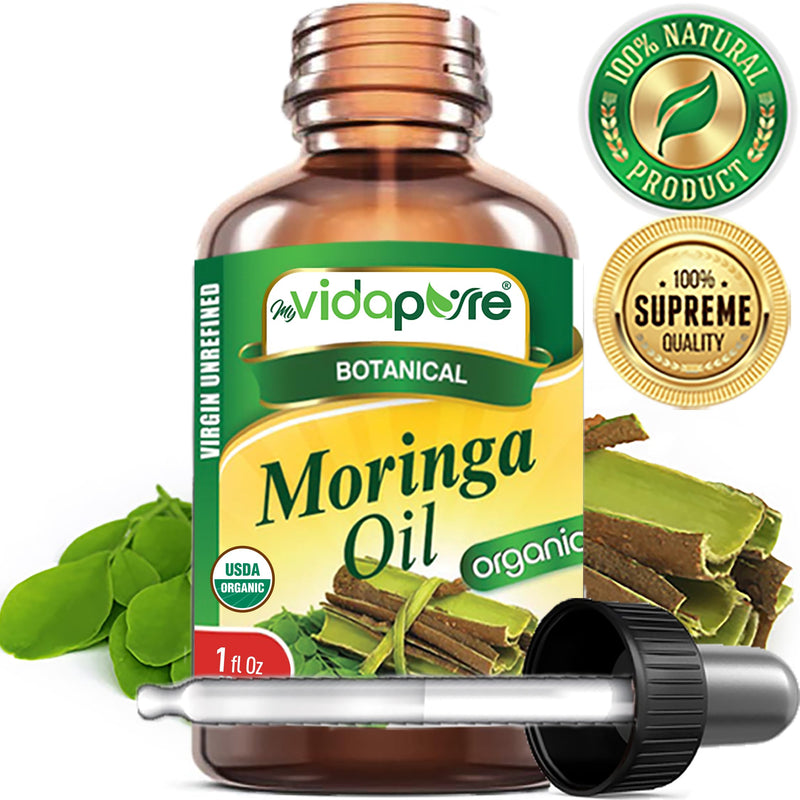 Organic MORINGA OIL Moringa Oleifera Certified Organic 100% Natural Pure Virgin Unrefined for Face, Skin, Body, Hair, Lip, Nails Anti-Aging, Rich in Vitamin E (1 Fl Oz) 1 Fl Oz (Pack of 1)