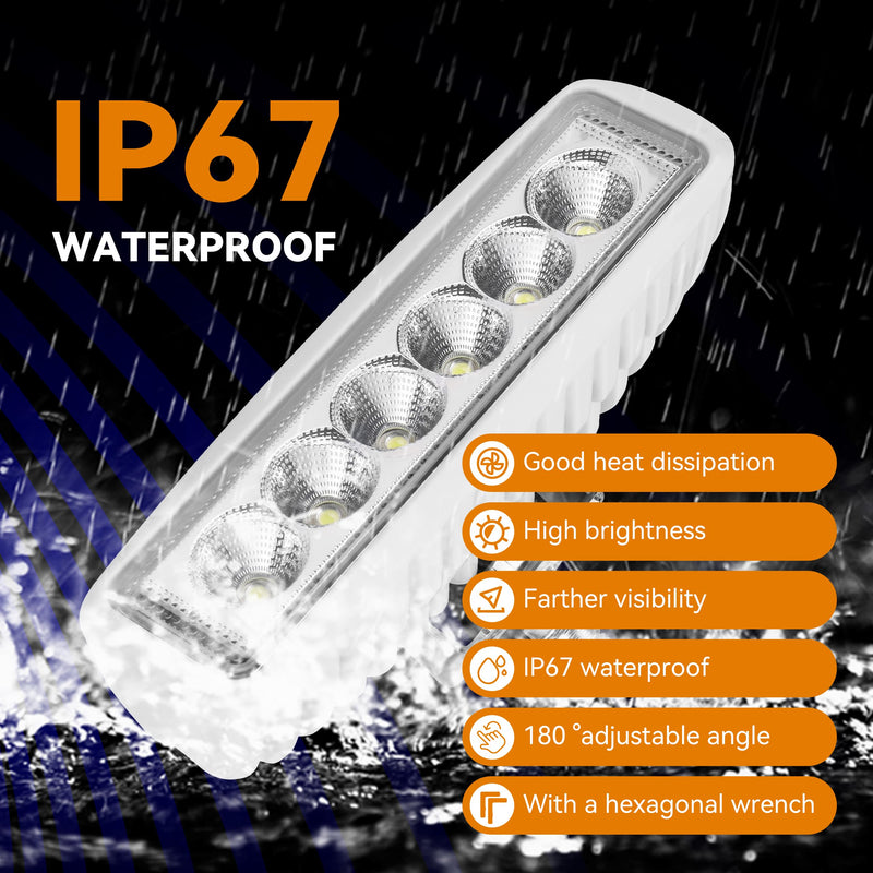 RVZONE Waterproof Led Boat Lights, 18W LED Spreader Lights 1200LM 120°Flood Light, 6.3in Deck Dock Marine Led Lights Bar, Pack of 2, White Housing (Flood Light/White Housing) Flood Light/White Housing