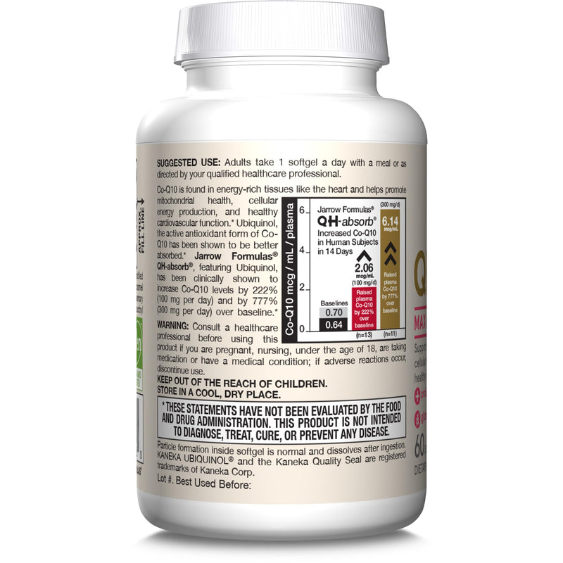 Jarrow Formulas QH-Absorb 200 mg - 60 Softgels - High Absorption Co-Q10 - Active Antioxidant Form of Co-Q10 - Supports Mitochondrial Energy Production and Cardiovascular Health - 60 Servings 1 Count (Pack of 60)
