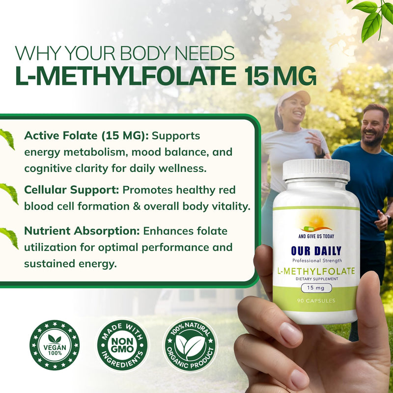 Our Daily Vites, L-Methylfolate 15mg – Active 5-MTHF Methylated Folate Supplement for Women & Men – Methyl Folate for Brain Health, Focus & Mood Support – Gluten Free, Non-GMO–90 Capsules, 90 Servings 90 Count (Pack of 1)