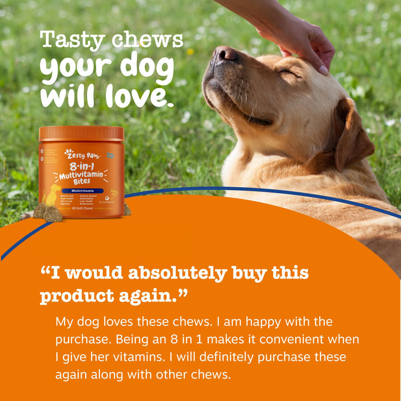 Zesty Paws Multivitamin Treats for Dogs, Glucosamine Chondroitin Joint Support + Digestive Enzymes & Probiotics, Grain Free Dog Vitamins and Supplements for Skin & Coat, Peanut Butter - 90ct Peanut Butter - 8-in-1 90 Count (Pack of 1)