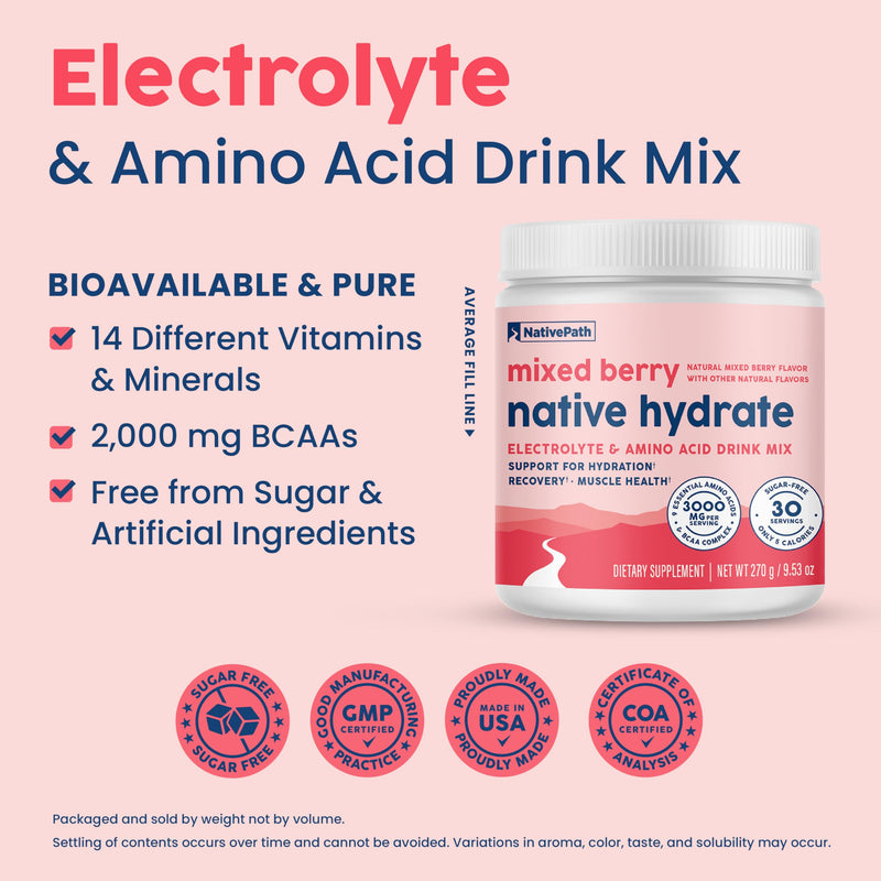 NativePath Hydrate Electrolyte Powder, Mixed Berry, 30 Servings | 14 Vitamins & Minerals, 9 Aminos & 2000mg BCAAs, Zero Sugar, Supports Hydration & Recovery, Stevia, Keto 9.53 Ounce (Pack of 1)