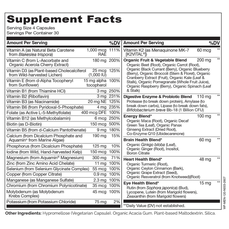 NATURELO Men's Multivitamins - Whole Food Multivitamin for Men, 120 Caps | Vitamins, minerals, vegetarian capsules, energy, brain, heart, eye health* 120 Count (Pack of 1)