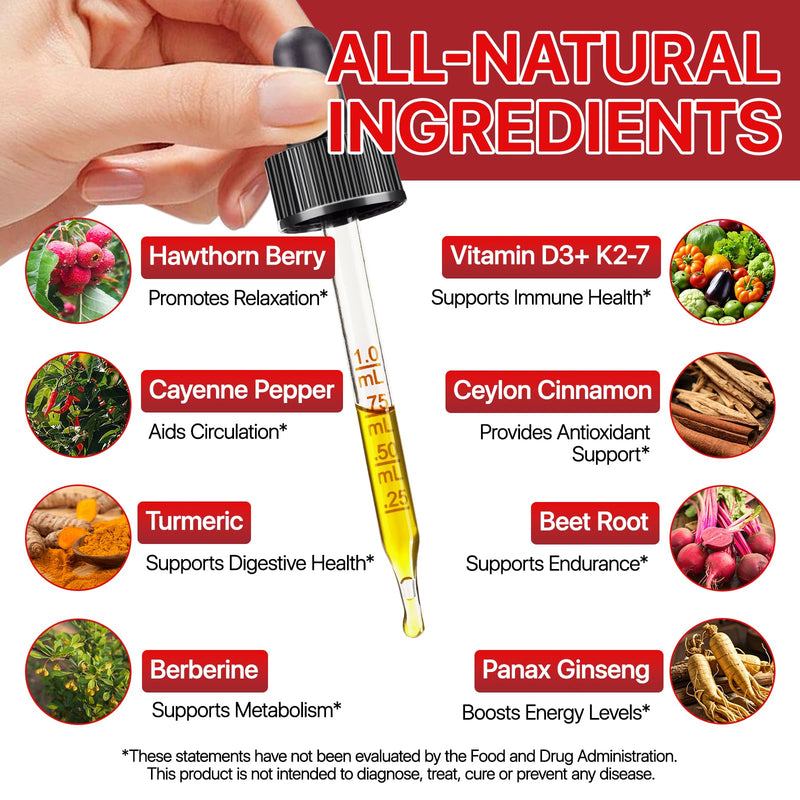 Cayenne Pepper Drops, 60ml Cayenne Pepper Supplement for Digestion, Circulatory Heath Support, Boosts Metabolism, with Hawthorn, Vitamin K2 D3 Beet Root, Turmeric-2 Fl Oz