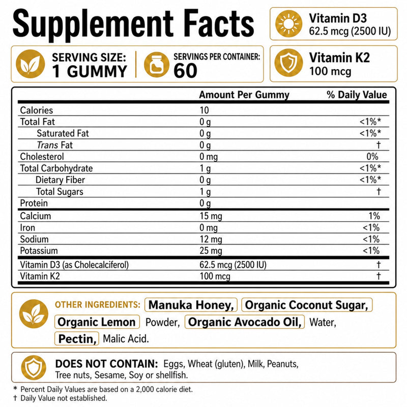 D3 K2 Gummies for Adults, Pharmacist-Formulated 2,500 IU Vitamin D3+ 100mcg K2 MK-7, Manuka Honey&Organic Lemon, Vegetarian Pectin, No Sugar Alcohols - Bone & Immune Support,60 Day Supply