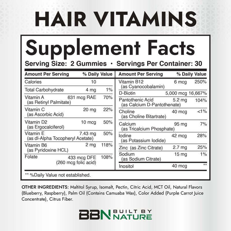 Built by Nature Hair Skin and Nails Gummies for Women, 60 Count | Biotin for Hair Growth, Hair, Skin & Nail Support, Vitamin Supplement