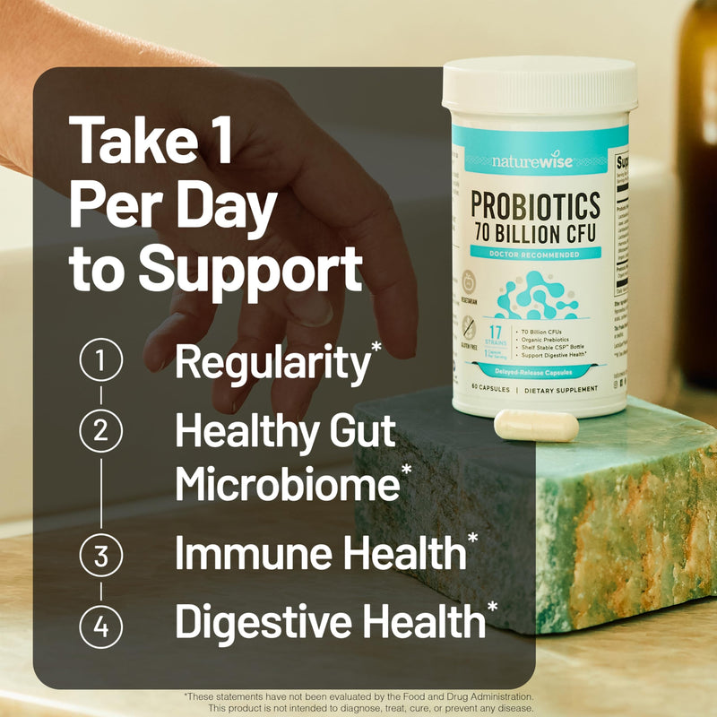 NatureWise Probiotics 70 Billion CFU - 17 Strains + Organic Prebiotics - Immune, Digestive & Gut Health Support for Women & Men - Vegetarian, Gluten-Free, Non-GMO - 60 Capsules[2-Month Supply] 60 Count (Pack of 1)