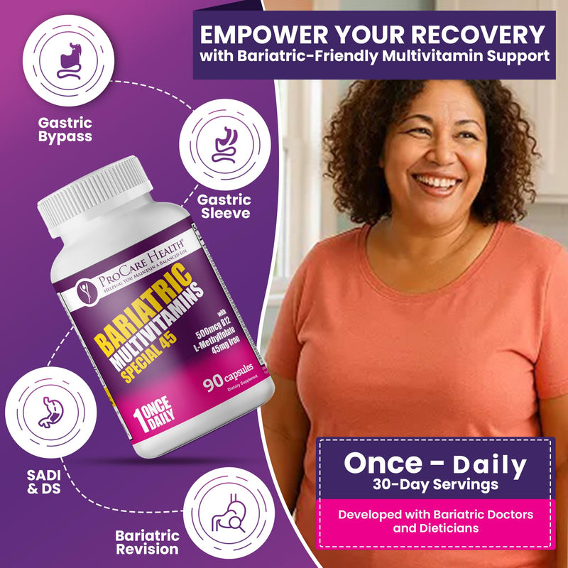 Special-45 Bariatric Multivitamin | Reduced B12 | Capsule | 90ct | Post-Op Bariatric Vitamins for Gastric Bypass, Sleeve, Duodenal Switch & Sustain Recovery (3 Month Supply) - Made in USA 90 Count (Pack of 1)
