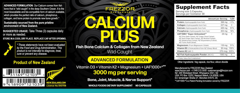 FREZZOR Calcium Plus with UAF1000+, New Zealand Natural Raw Calcium Supplement for Bones, Teeth, Gut Health, & Cardiovascular Support, Phosphorus, Magnesium, Collagen, Selenium, 90 Capsules, 1 Bottle