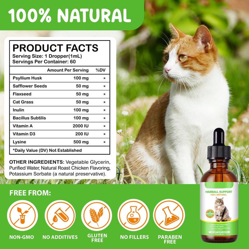 Cat Hairball Remedy Liquid Drops 60ml | Natural Fiber & Probiotics for Hairball Control & Digestive| Healthy Skin & Coat, Vitamins for Immunity | Chicken Flavor, Easy-to-Use Oral Drops