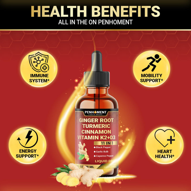 11in1 Liquid Ginger Extract with Liquid Turmeric, Ceylon Cinnamon Drops, Vitamin D3, Vitamin K2, Berberine Extract, Garlic, Black Pepper - Drops Extract - 1FL Oz - 2 Month Supply