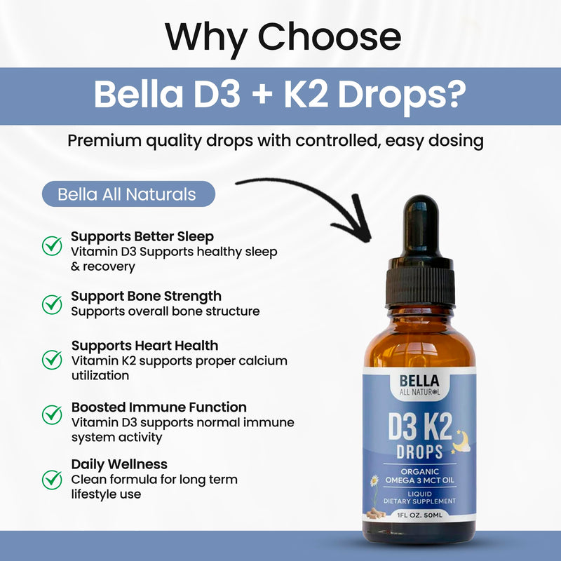 Bella All Natural Vitamin D3 K2 Drops Organic Omega 3 MCT Oil - Evening